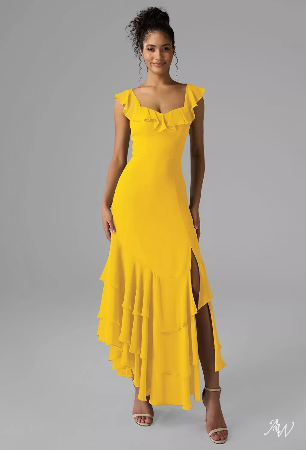 AW.Bridal A-line V-Neck Ankle Length Sleeveless Spaghetti Straps Chiffon Ruffles Split Plus Size Dresses Mustard Yellow Plus Size 18