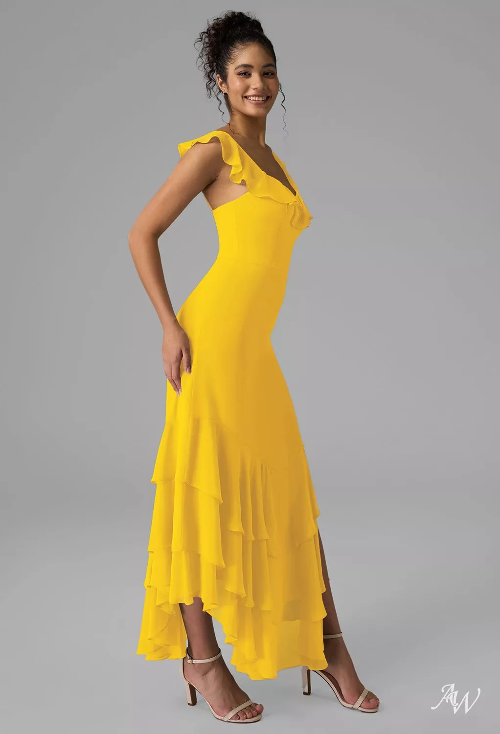 AW.Bridal A-line V-Neck Ankle Length Sleeveless Spaghetti Straps Chiffon Ruffles Split Plus Size Dresses Mustard Yellow Plus Size 18