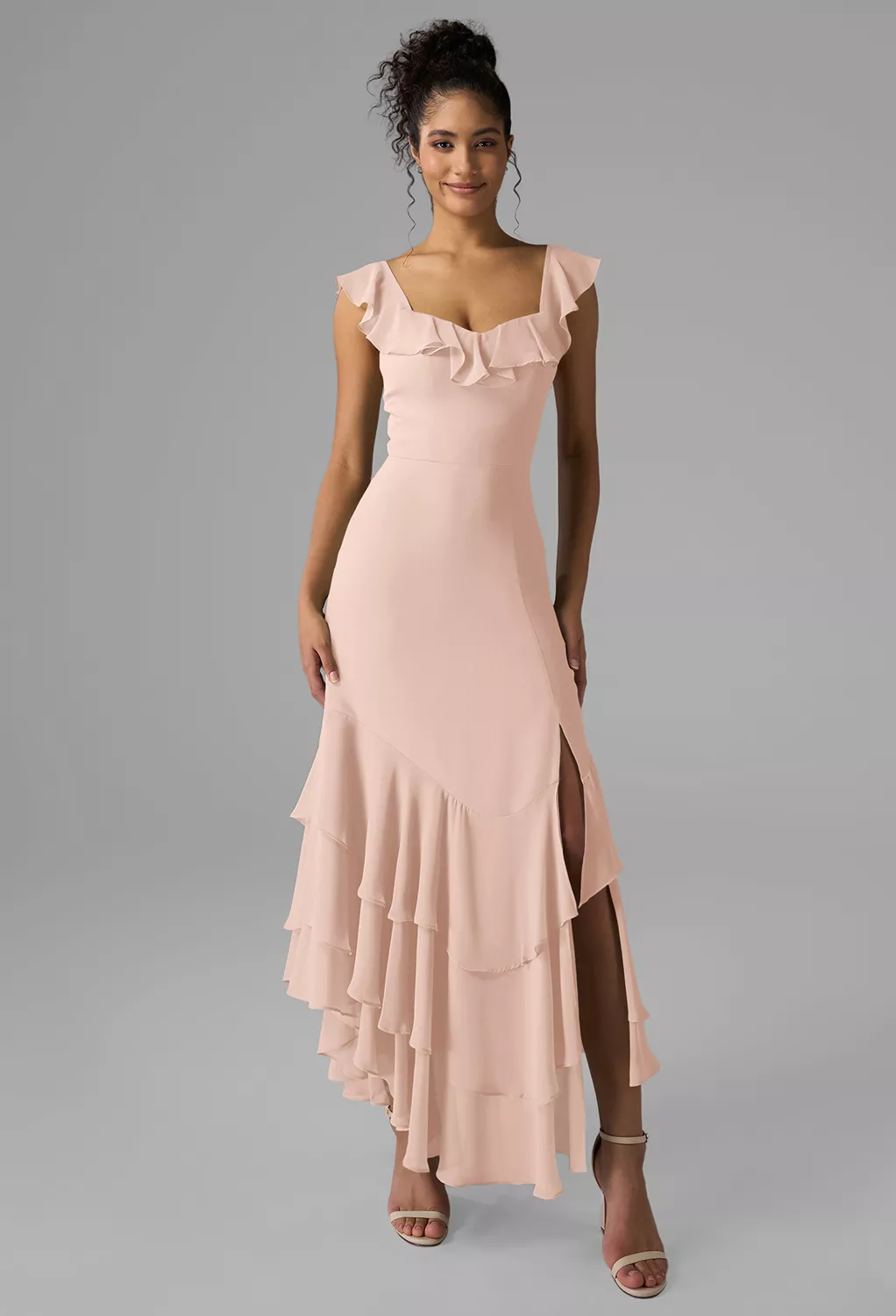 blush pink bridesmaid dress with sleeves Blush Satin Bridesmaid Dresses Long Sleeves V Neck – Lisposa main image 0