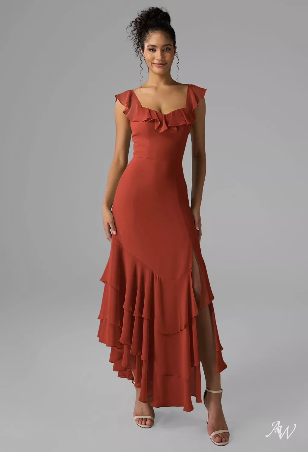 AW.Bridal A-line V-Neck Ankle Length Sleeveless Spaghetti Straps Ruffles Split Plus Size Dresses Dress Rust Size 8
