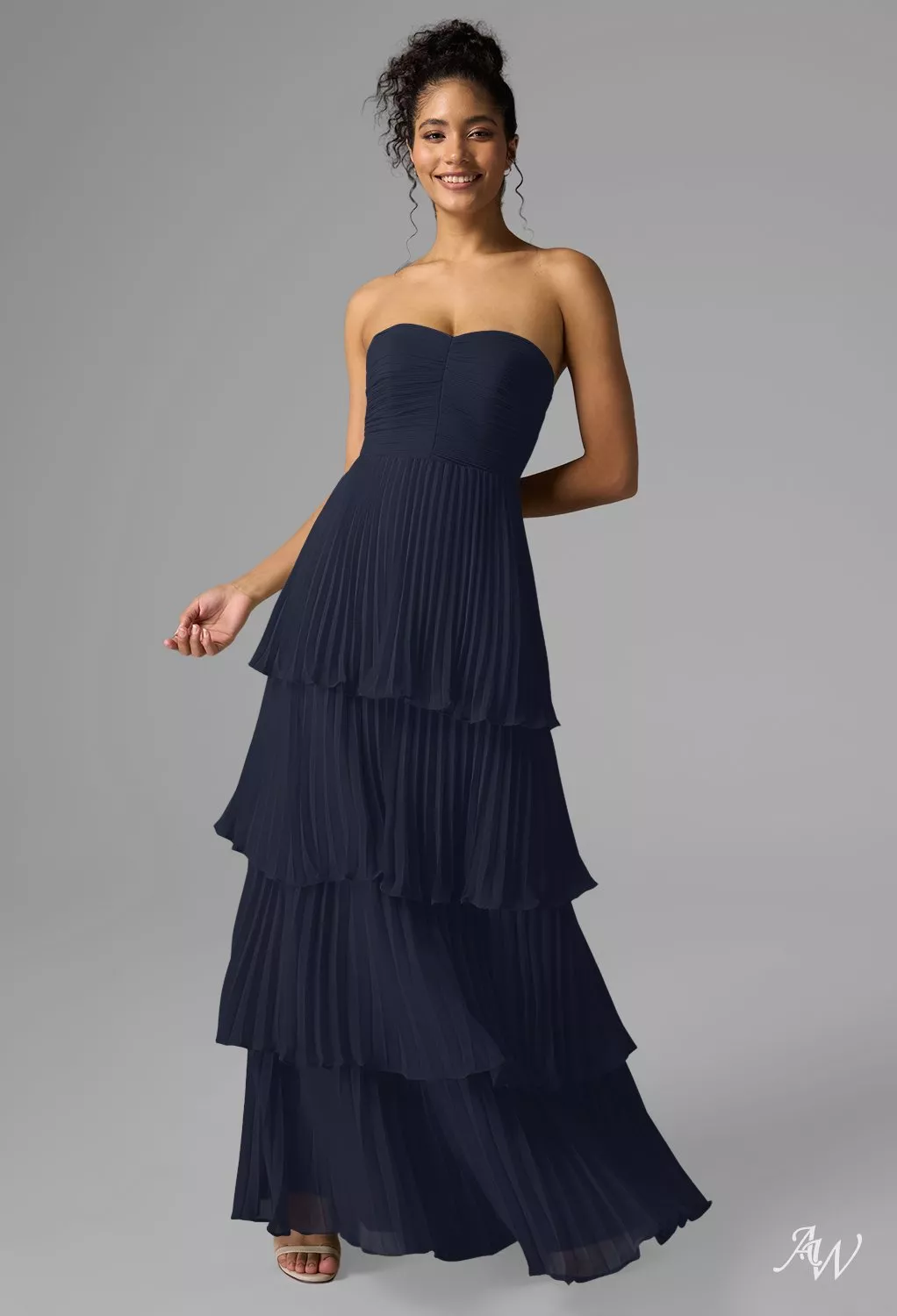 AW.Bridal A-Line Sweetheart Neckline Floor Length Sleeveless Strapless Chiffon Pleat Ruffles Tiered Long Bridesmaid Dresses Dress Dark Navy Size 6