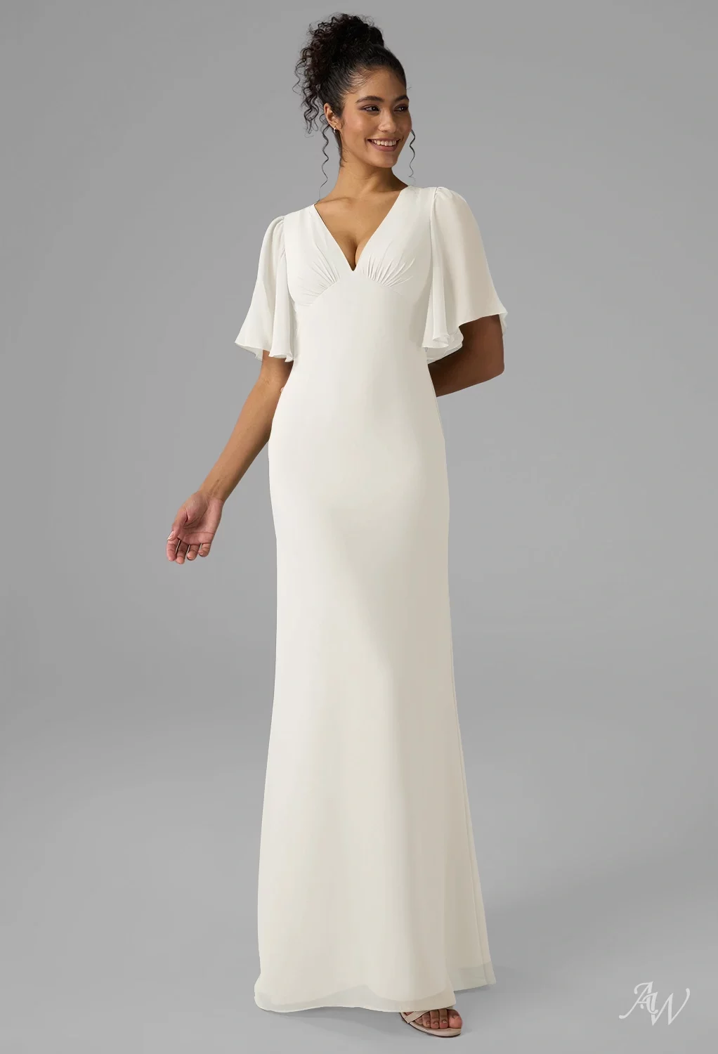 david's bridal flutter sleeve crisscross mesh bridesmaid dress Dark Purple Embellished V Neck Long Sleeve A Line Gown