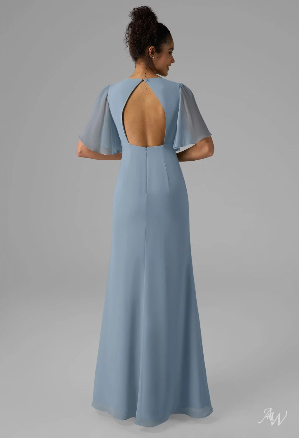 dusty grey blue bridesmaid dresses Modest Dusty Blue Bridesmaid Dresses Tea-Length Short Sleeves Ruffles main image 1