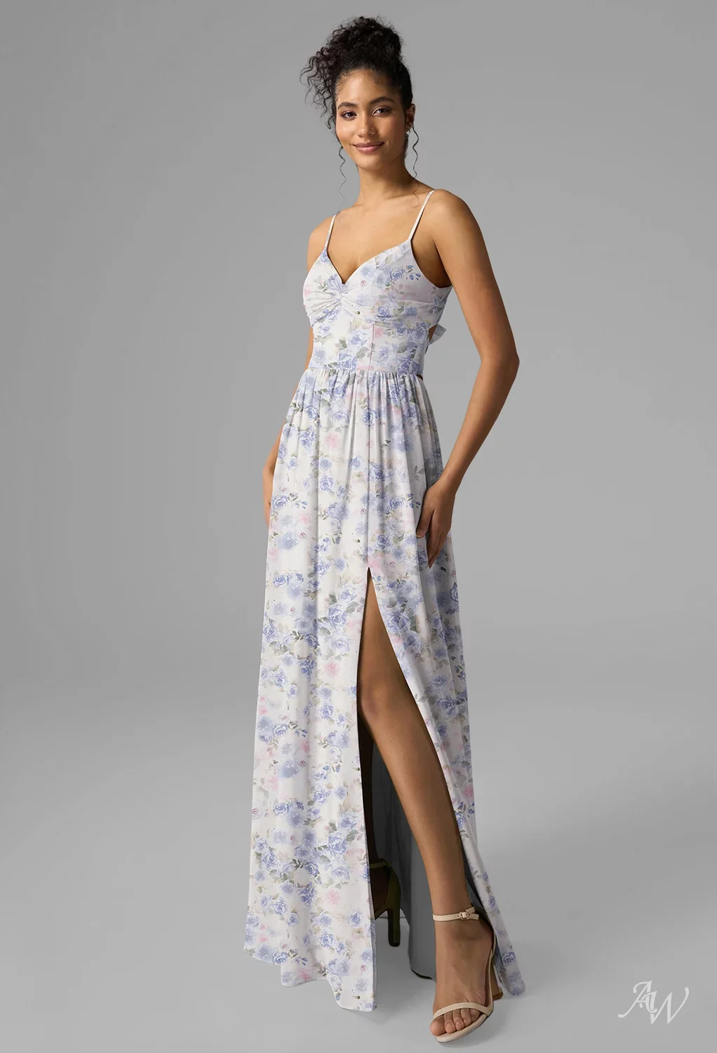 AW.Bridal A-line V-Neck Floor Length Sleeveless Spaghetti Straps Bows Pleat Split Floral Bridesmaid Dresses Floral Dress Azure Purple Print Size 4