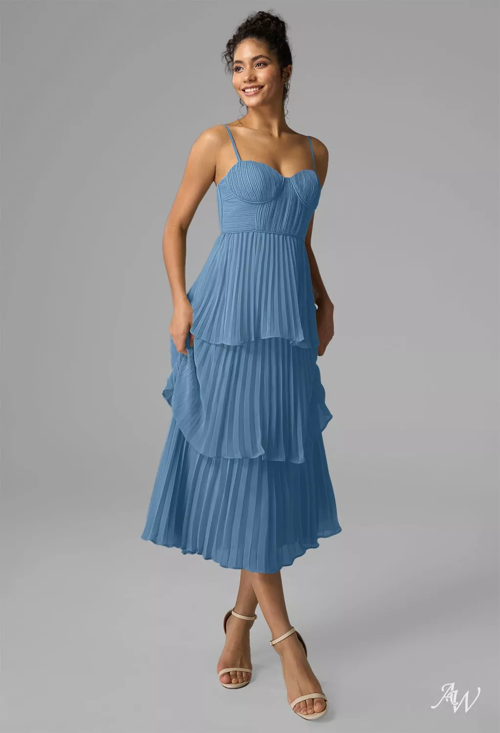 AW.Bridal A-line Sweetheart Neckline Tea Length Sleeveless Spaghetti Straps Pleat Ruffles Tiered Wedding Guest Dresses Dress Dusty Blue Size 18