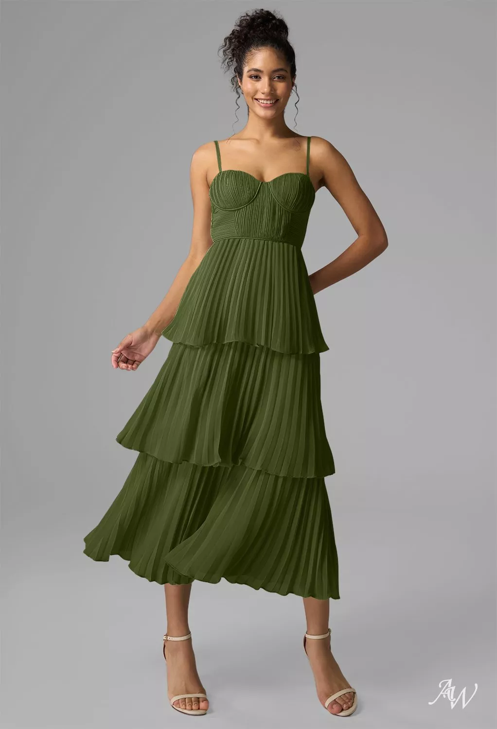 AW.Bridal A-line Sweetheart Neckline Tea Length Sleeveless Spaghetti Straps Pleat Ruffles Tiered Wedding Guest Dresses Dress Green Olive Size 8