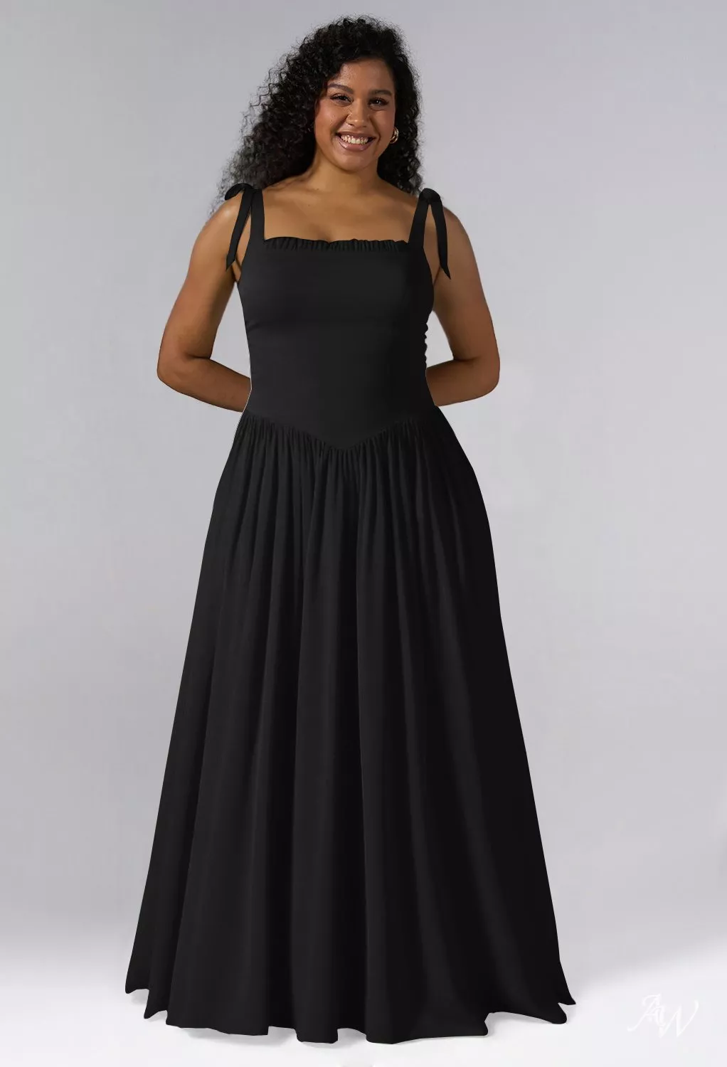 AW.Bridal A-Line Square Neckline Floor Length Bows Pleat Drop Waist Wedding Guest Dresses Dress Black Size 8