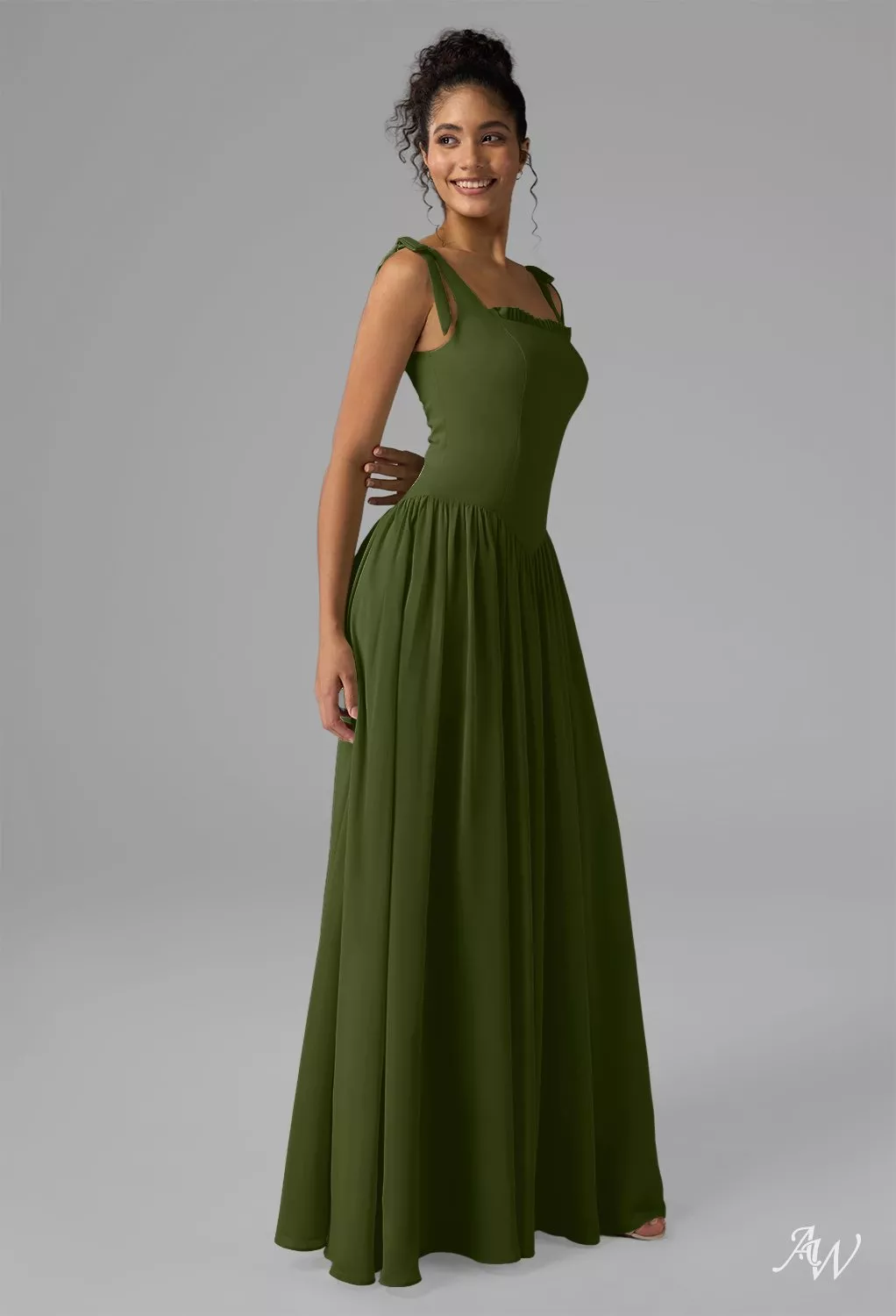 AW.Bridal A-Line Square Neckline Floor Length Bows Pleat Drop Waist Wedding Guest Dresses Dress Green Olive Size 8