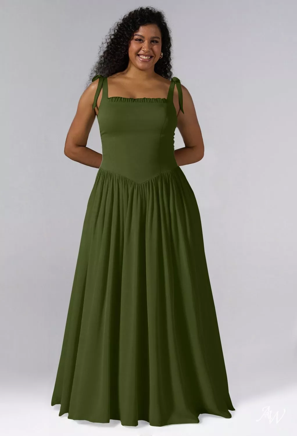 AW.Bridal A-Line Square Neckline Floor Length Bows Pleat Drop Waist Wedding Guest Dresses Dress Green Olive Size 8