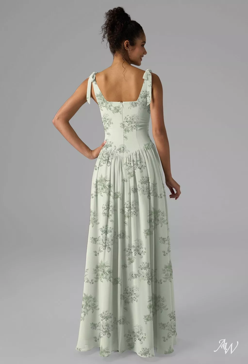 AW.Bridal A-line Square Neckline Floor Length Bows Pleat Drop Waist Floral Plus Size Dresses Floral Dress Pistachio Green Penoy Size 8