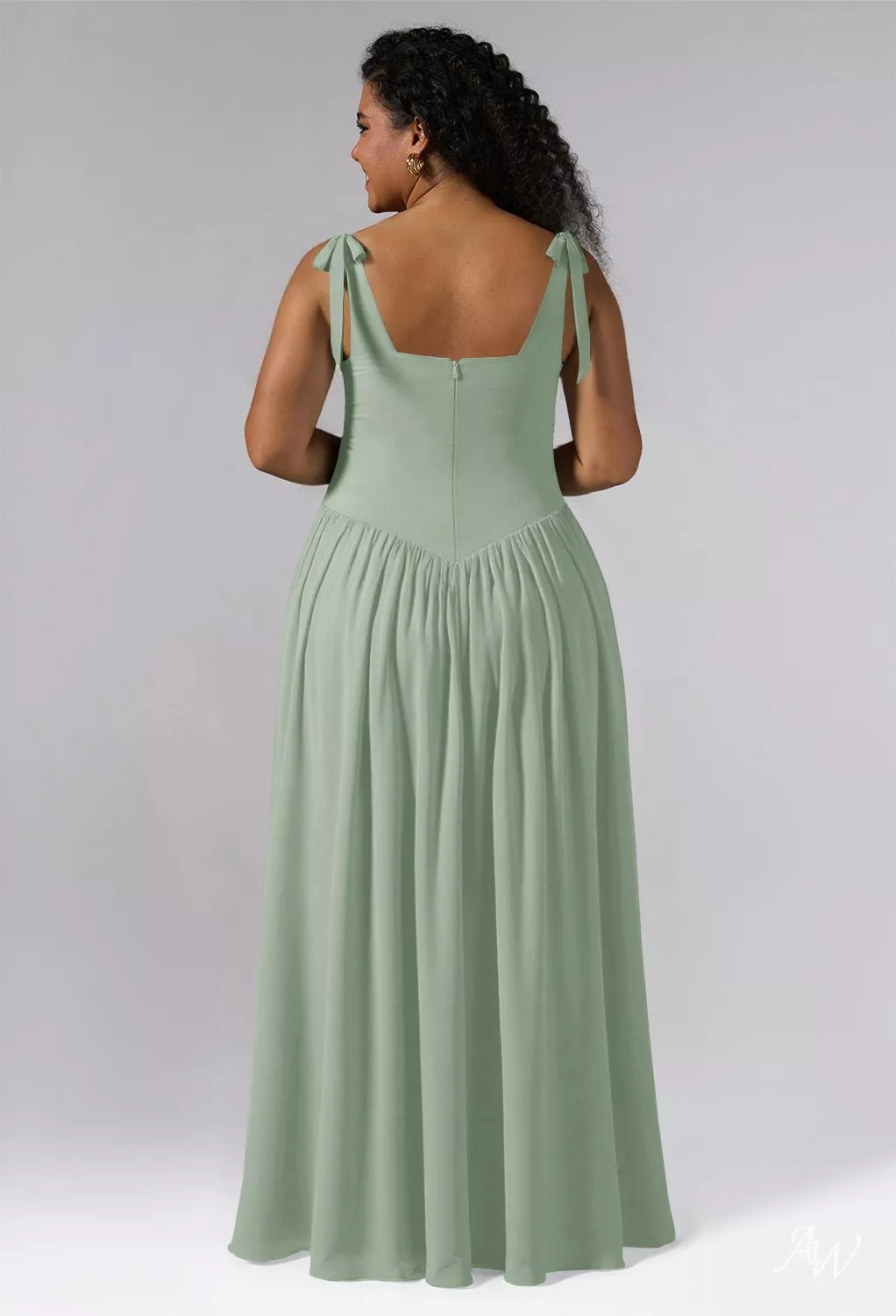 AW.Bridal A-Line Square Neckline Floor Length Bows Pleat Drop Waist Wedding Guest Dresses Dress Sage Green Size 8