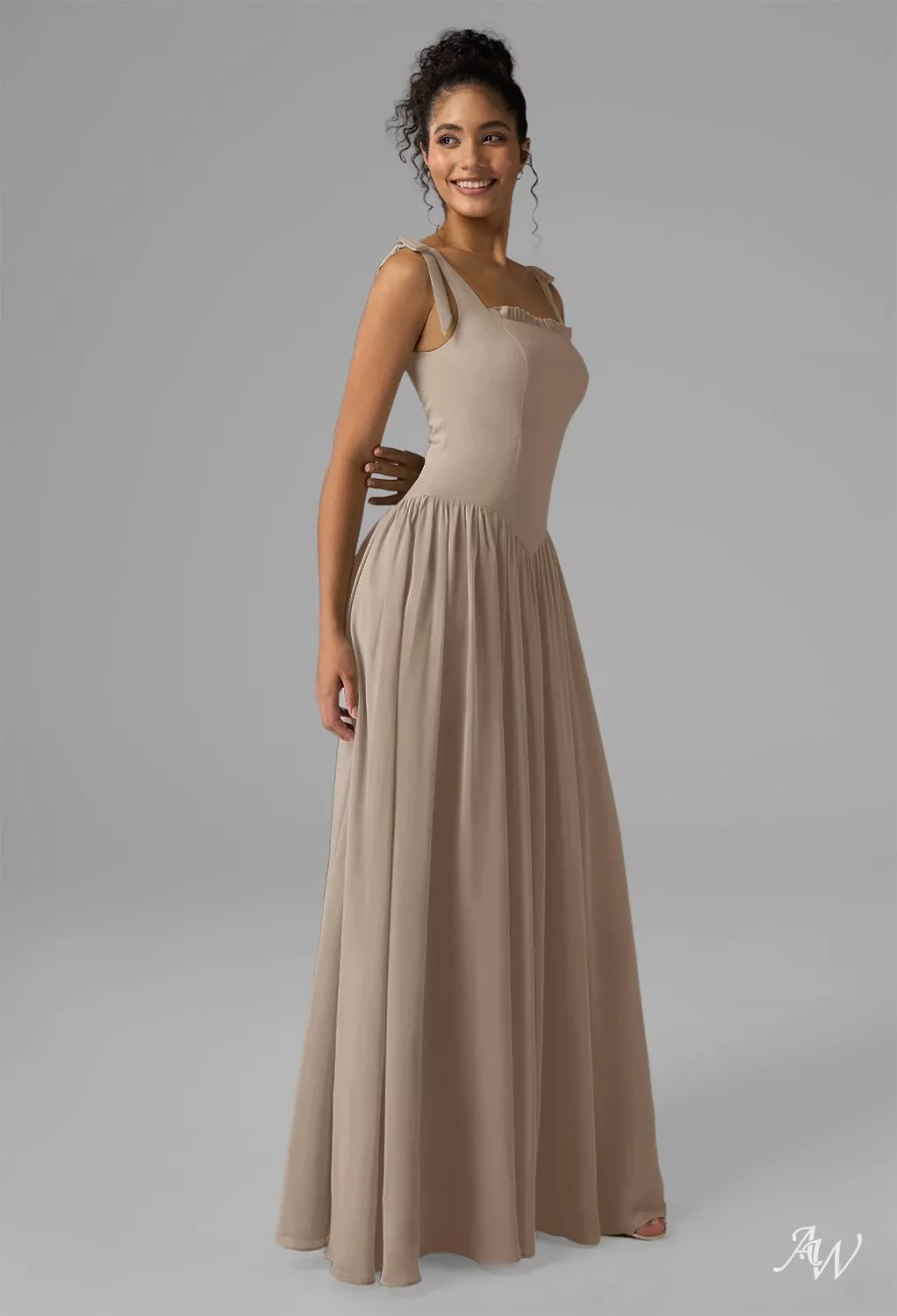 AW.Bridal A-line Square Neckline Floor Length Bows Pleat Drop Waist Wedding Guest Dresses Dress Taupe Plus Size 16