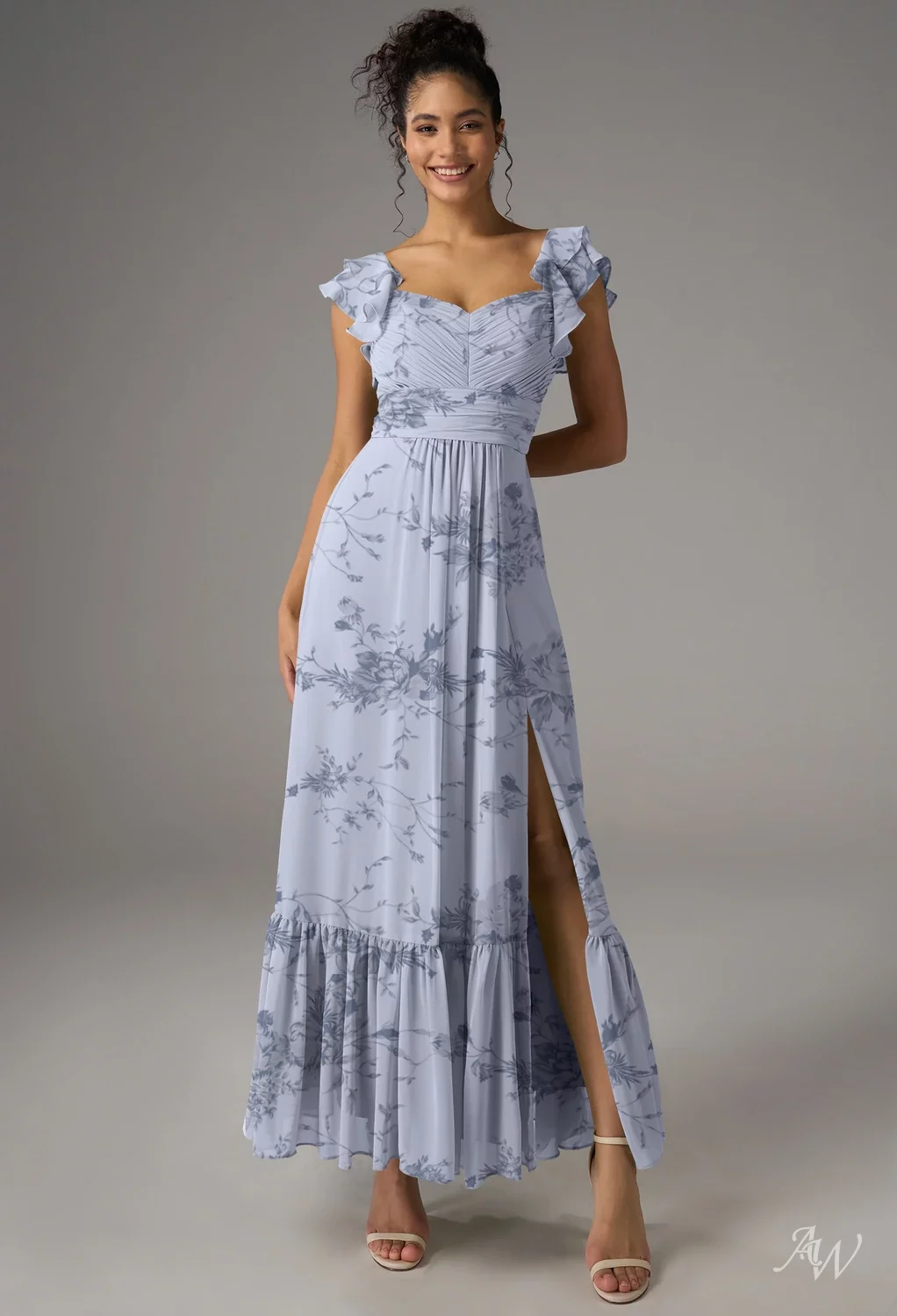 AW.Bridal A-line Sweetheart Neckline Sleeveless Spaghetti Straps Ruffles Split Floral Bridesmaid Dresses Floral Dress Antique Azure Rose Size 16