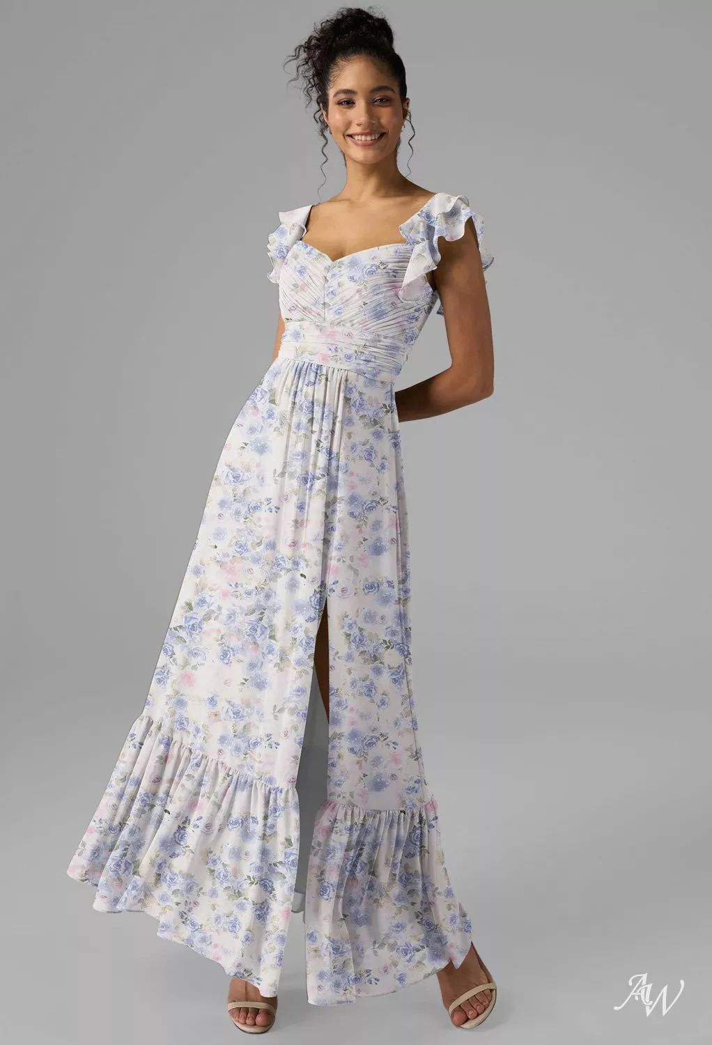 AW.Bridal A-Line Sweetheart Neckline Sleeveless Spaghetti Straps Ruffles Split Floral Wedding Guest Dresses Floral Dress Azure Purple Print Size 8
