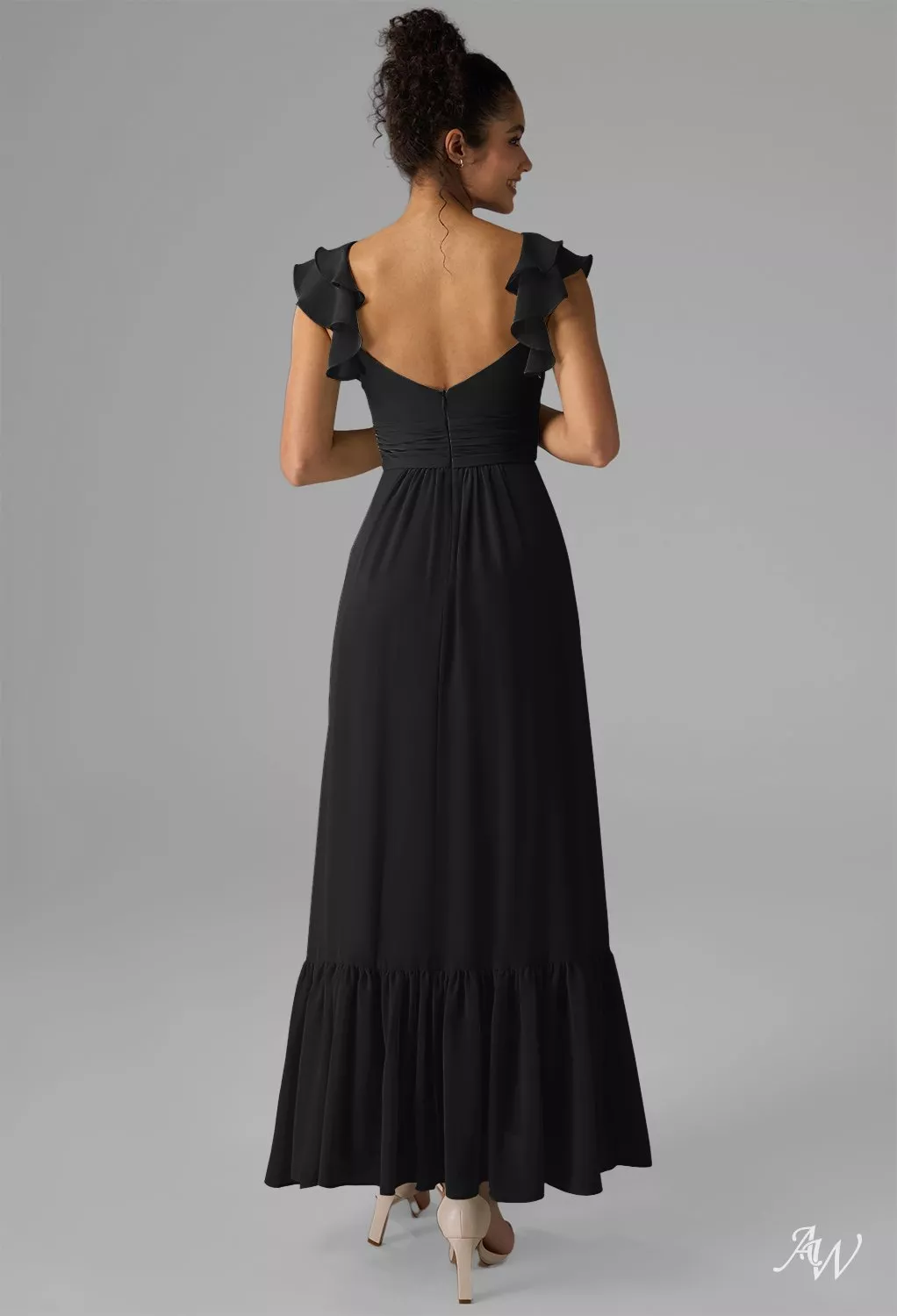 AW.Bridal A-line Sweetheart Neckline Ankle Length Sleeveless Spaghetti Straps Chiffon Ruffles Split Long Bridesmaid Dresses Black Size 18