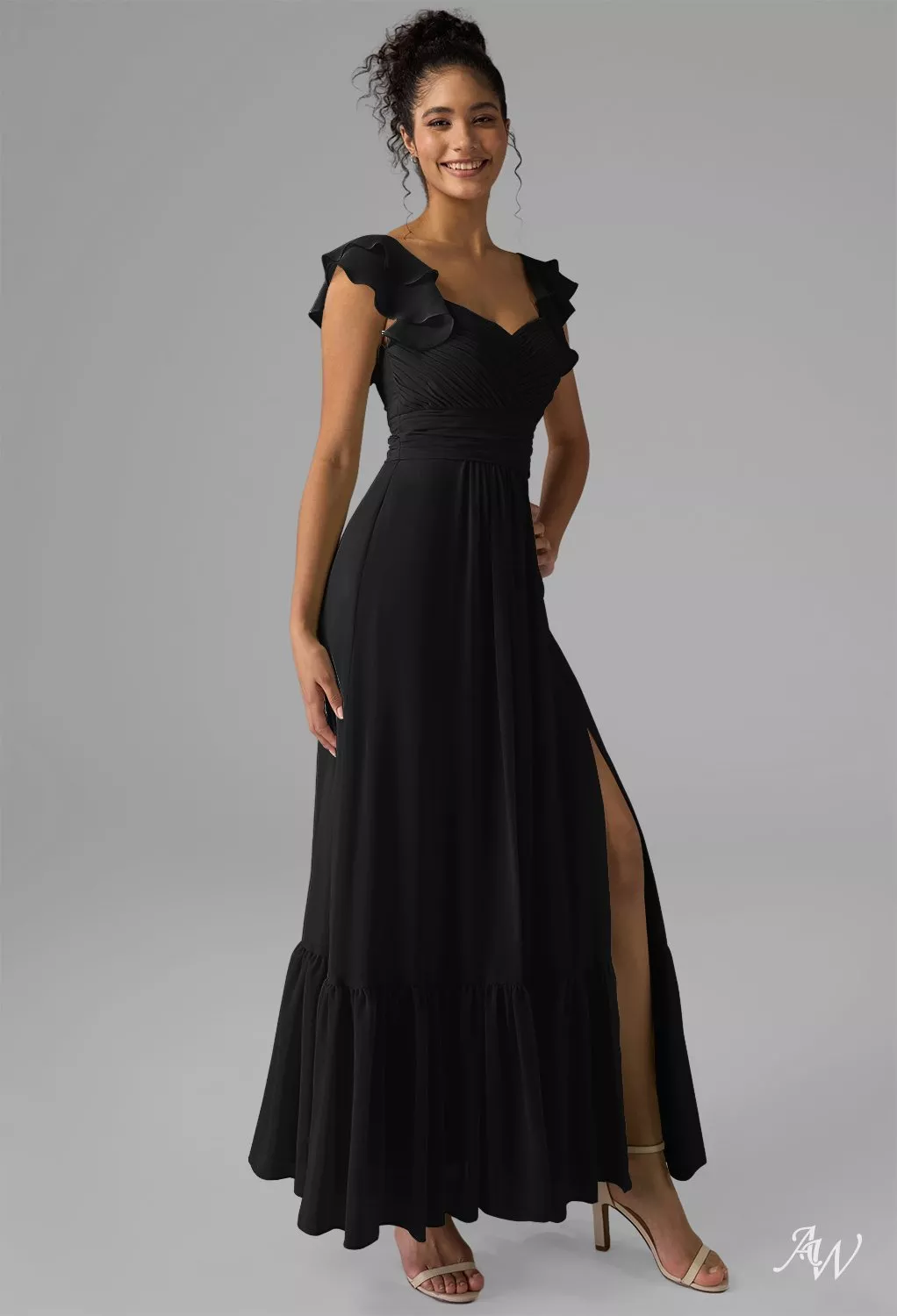 AW.Bridal A-line Sweetheart Neckline Ankle Length Sleeveless Spaghetti Straps Chiffon Ruffles Split Long Bridesmaid Dresses Black Size 18