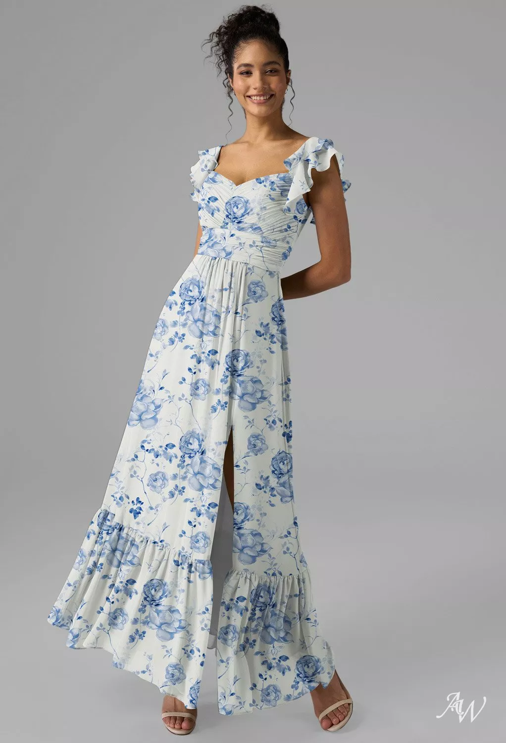 AW.Bridal A-Line Sweetheart Neckline Sleeveless Spaghetti Straps Chiffon Ruffles Split Floral Bridesmaid Dresses Blue Botanical Floral Size 18
