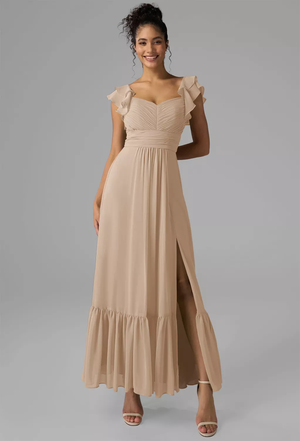 tan chiffon bridesmaid dress Chiffon V Neck Beige Bridesmaid Dresses Long with Slit fitted wedding –  Siaoryne main image 1