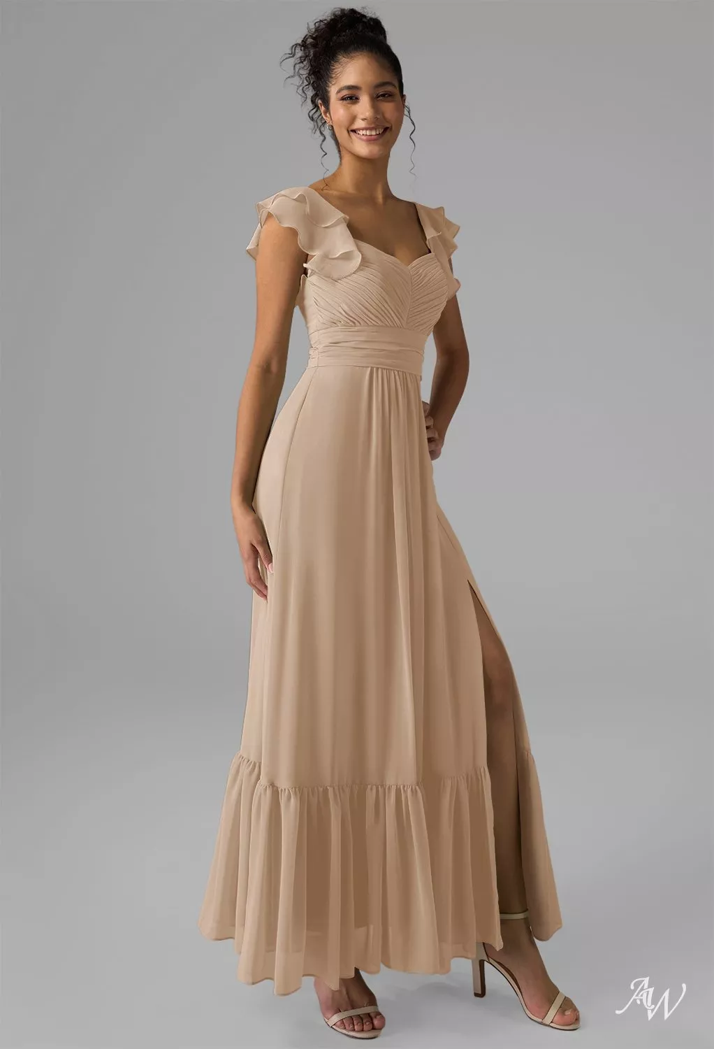 AW.Bridal A-line Sweetheart Neckline Ankle Length Sleeveless Spaghetti Straps Chiffon Ruffles Split Wedding Guest Dresses Champagne Size 18