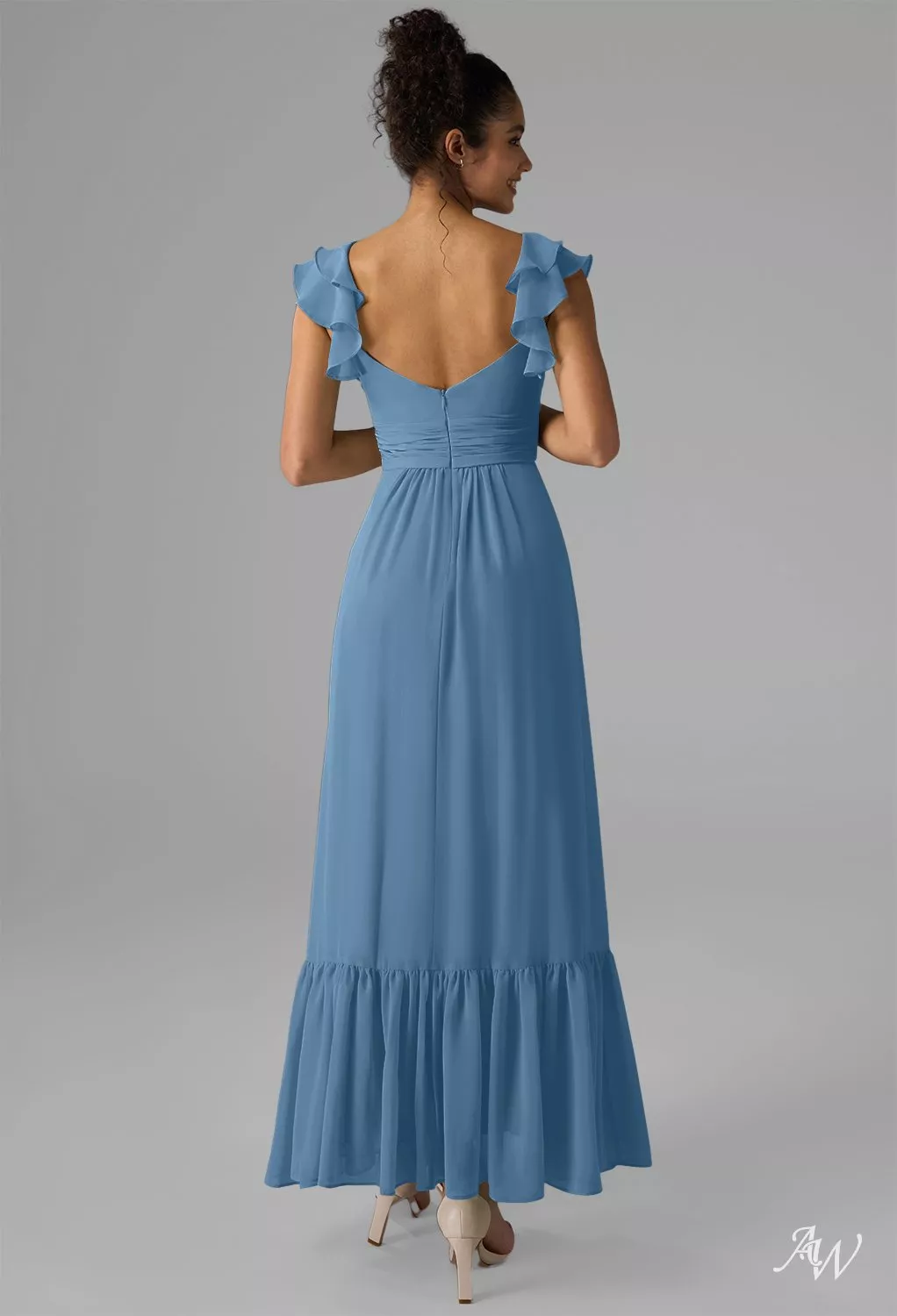 AW.Bridal A-line Sweetheart Neckline Ankle Length Sleeveless Spaghetti Straps Chiffon Ruffles Split Wedding Guest Dresses Dusty Blue Size 6