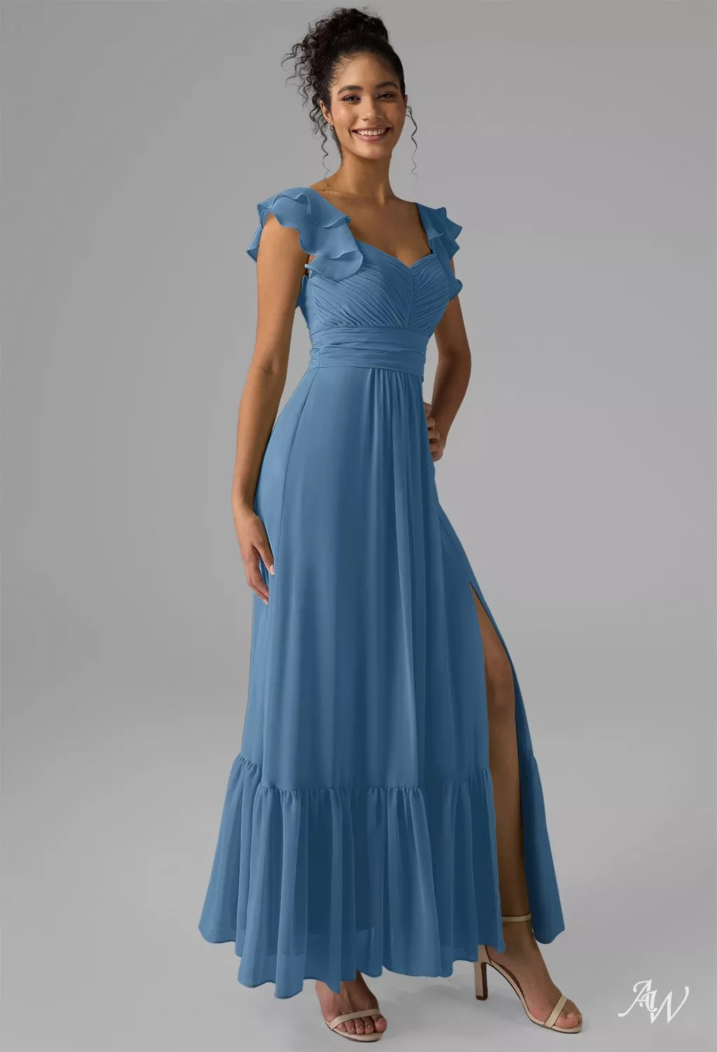 AW.Bridal A-line Sweetheart Neckline Ankle Length Sleeveless Spaghetti Straps Ruffles Split Wedding Guest Dresses Dress Dusty Blue Size 6