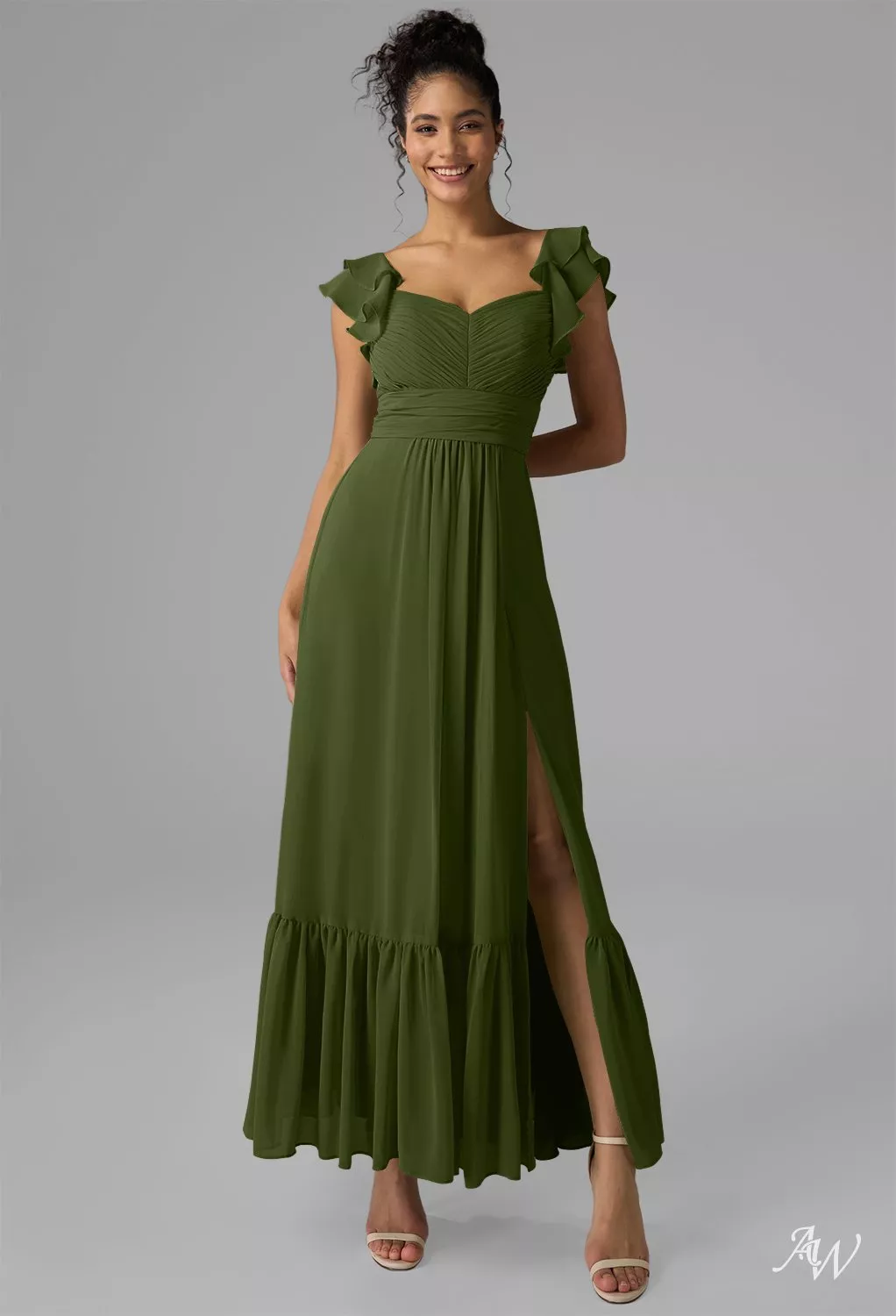 AW.Bridal A-Line Sweetheart Neckline Ankle Length Sleeveless Spaghetti Straps Ruffles Split Wedding Guest Dresses Dress Green Olive Size 8