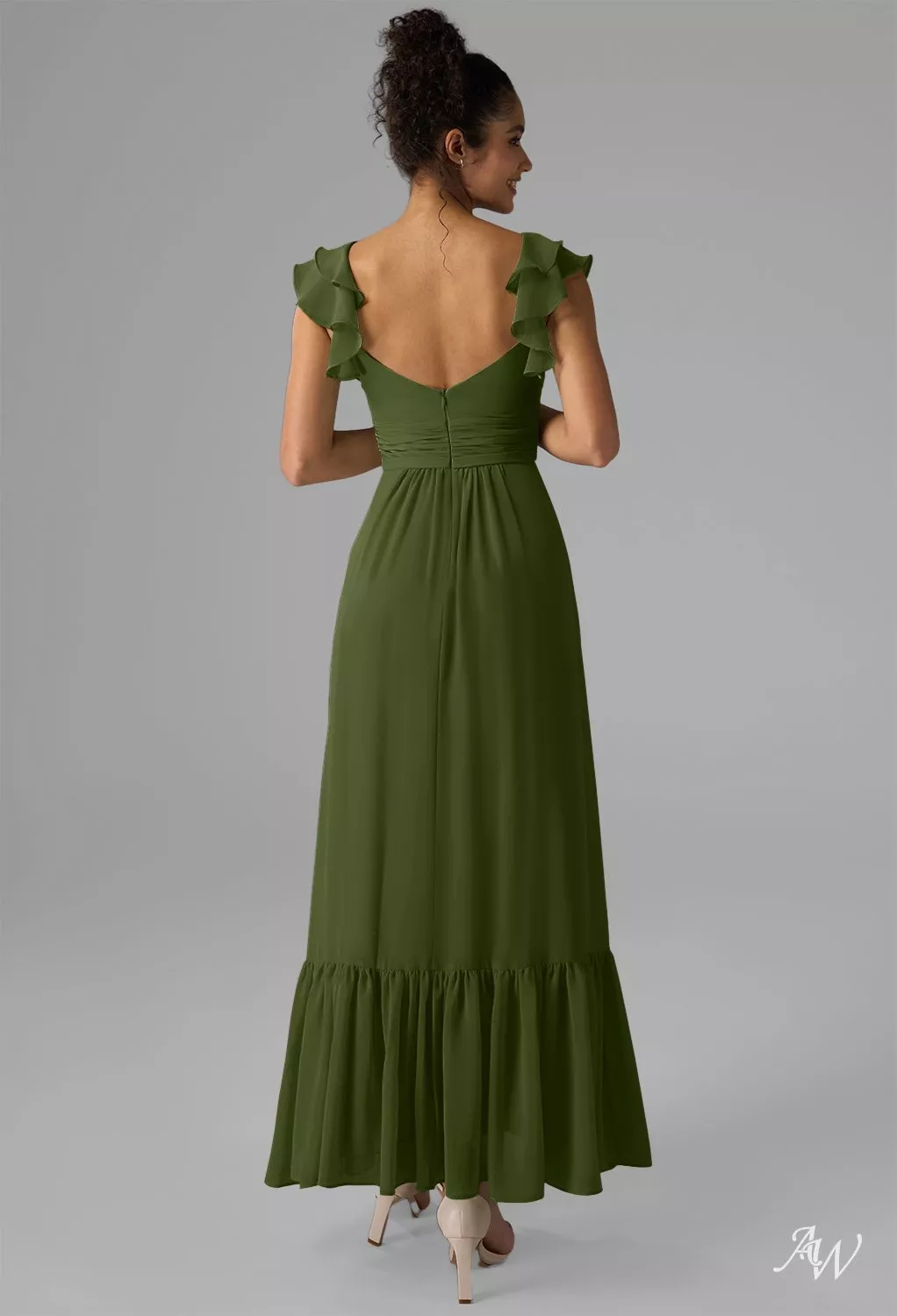 AW.Bridal A-Line Sweetheart Neckline Ankle Length Sleeveless Spaghetti Straps Ruffles Split Wedding Guest Dresses Dress Green Olive Size 8