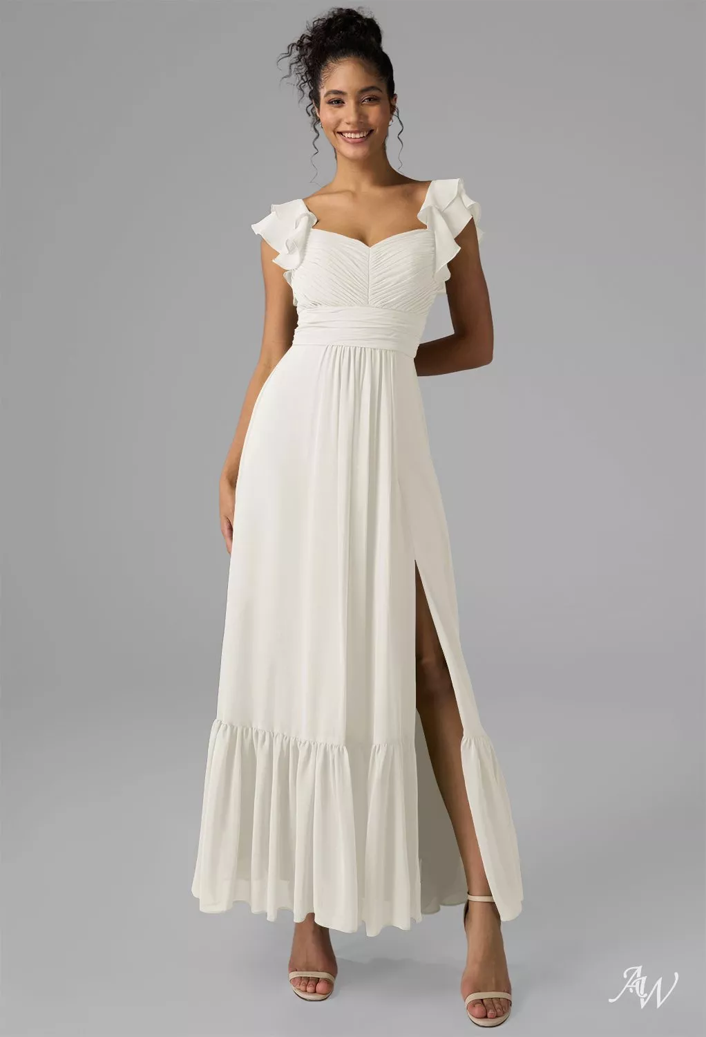 AW.Bridal A-line Sweetheart Neckline Ankle Length Sleeveless Spaghetti Straps Ruffles Split Wedding Guest Dresses Dress Ivory Size 4
