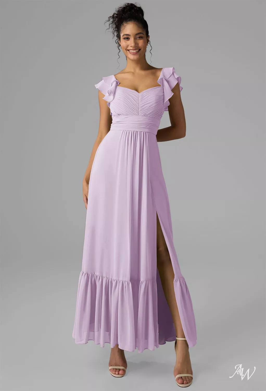 AW.Bridal A-Line Sweetheart Neckline Ankle Length Sleeveless Spaghetti Straps Chiffon Ruffles Wedding Guest Dresses Lilac Size 8 AW Rory Lilac Bridesmaid Dresses | AW.Bridal