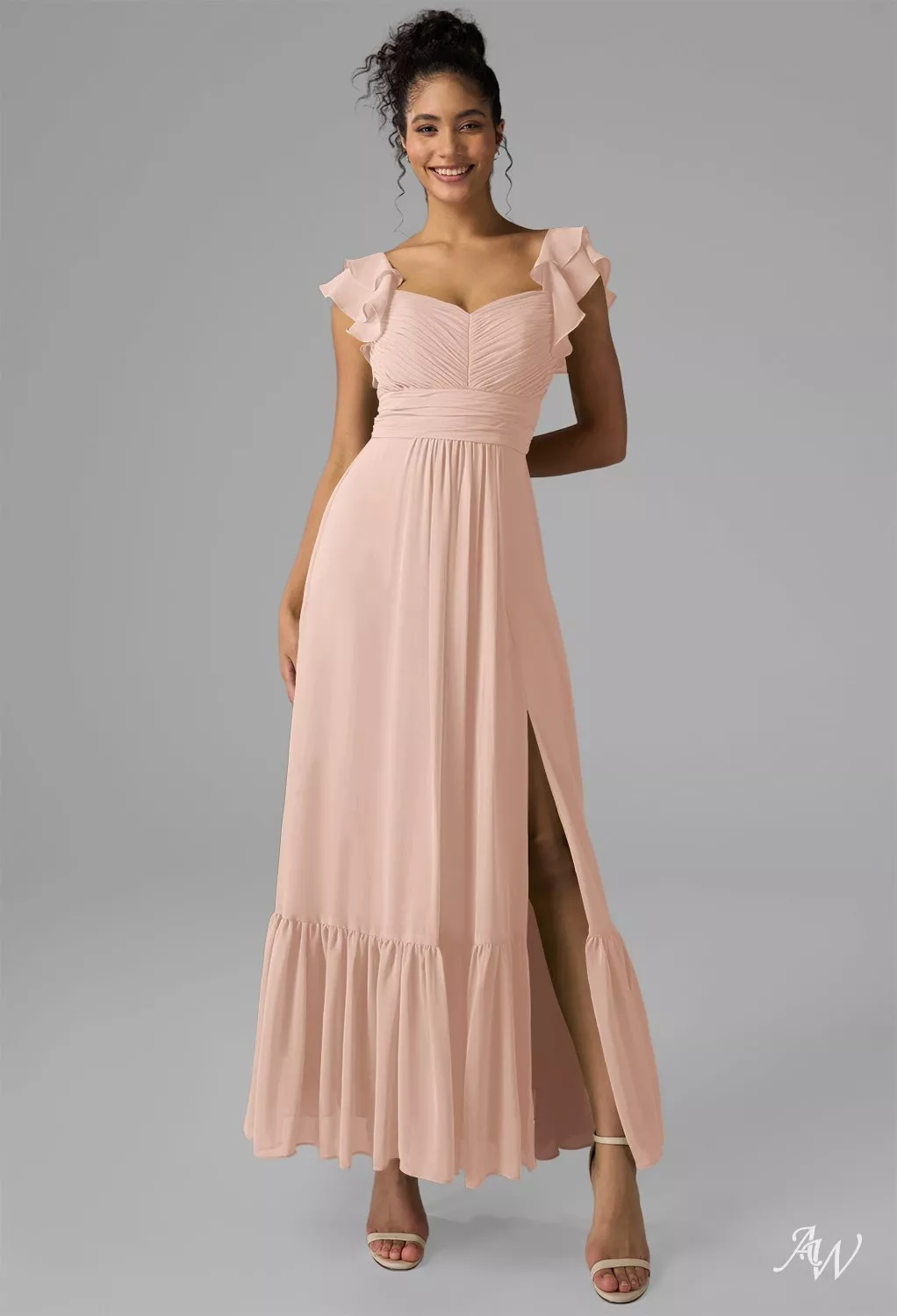 pearl pink dress chiffon AW.Bridal A-line Sweetheart Neckline Ankle Length Sleeveless Spaghetti Straps Ruffles Split Wedding Guest Dresses Dress Pearl Pink Size 4