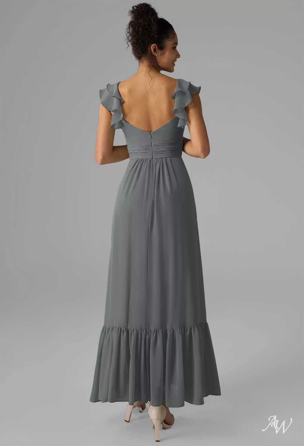 steel gray formal dress Zapaka Women Steel Grey Mermaid Long Mother of The Bride Dress With Ruffle V Neck Chiffon Wedding Guest Dress With Appliques, Steel Grey / US8 main image 1