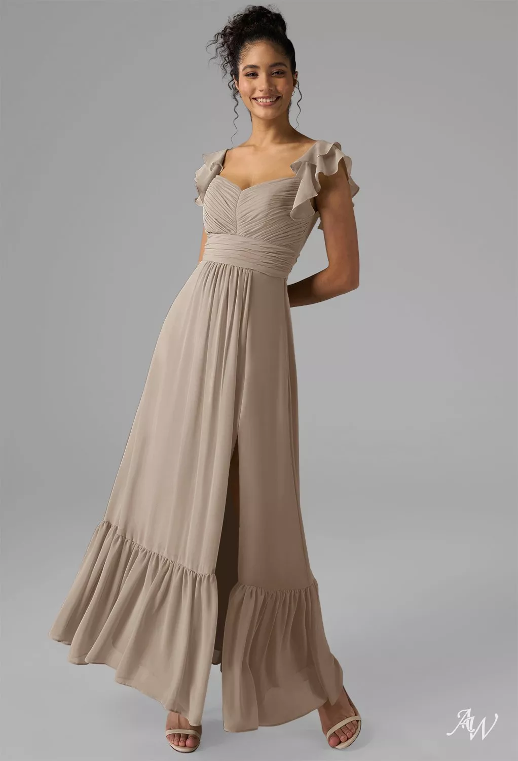 AW.Bridal A-line Sweetheart Neckline Ankle Length Sleeveless Spaghetti Straps Ruffles Split Wedding Guest Dresses Dress Taupe Size 18