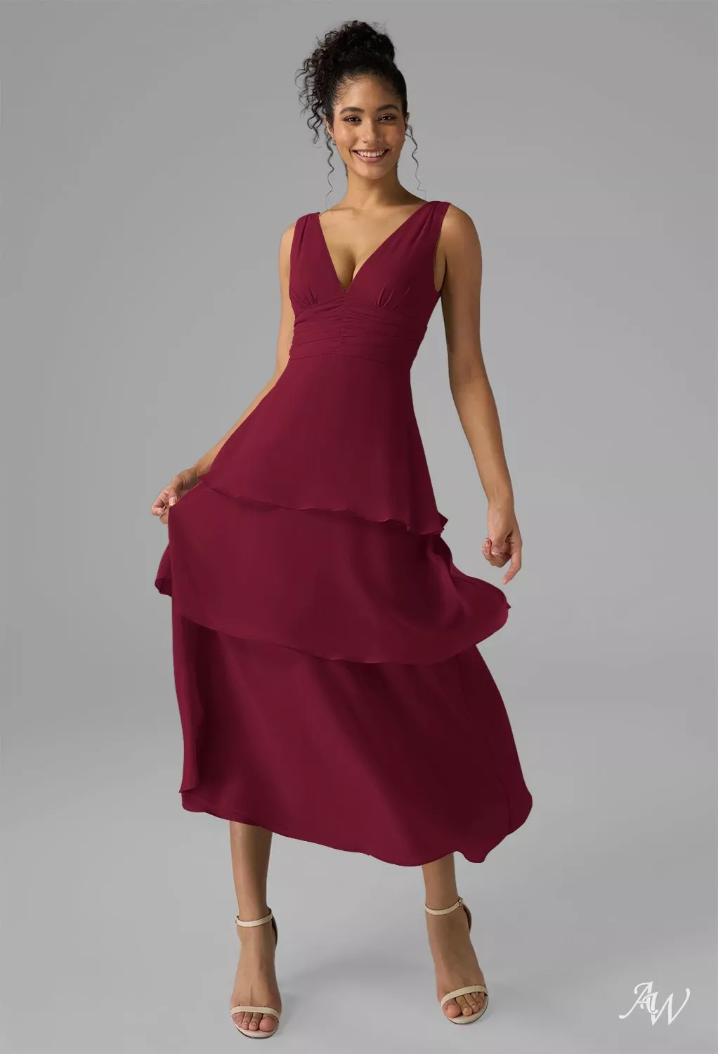 elissa red dress AW.Bridal A-line V-Neck Tea Length Tiered Wedding Guest Dresses Dress Burgundy Size 18