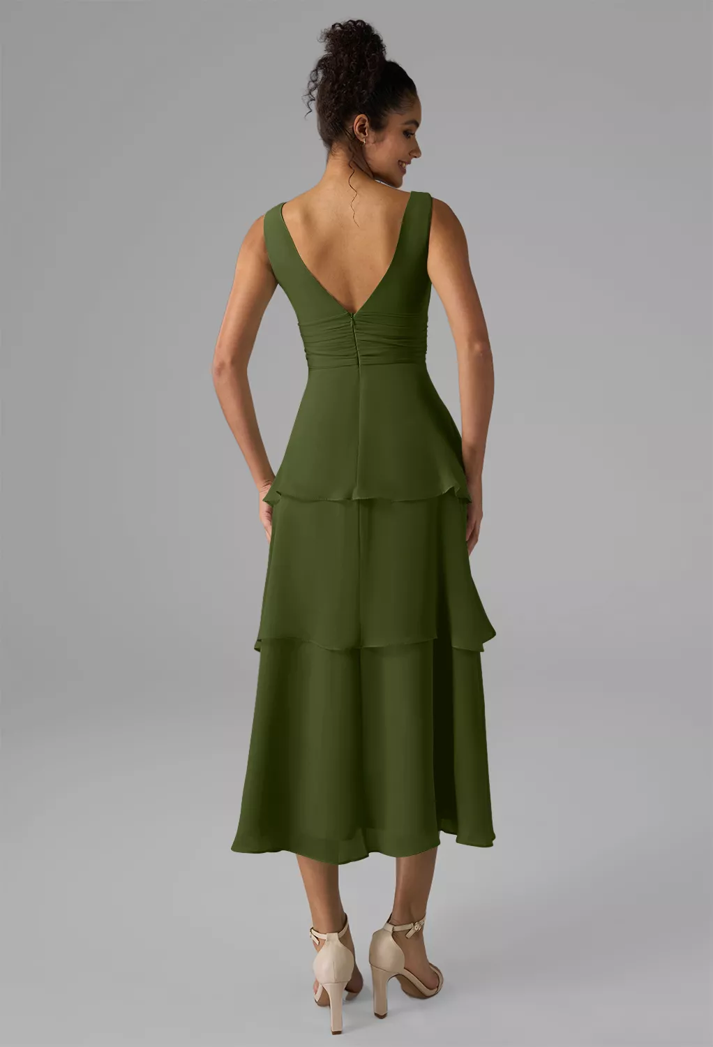 open lace back dress Natalie A-Line Short Sleeves Ruched Chiffon Bridesmaid Dresses, Olive Green