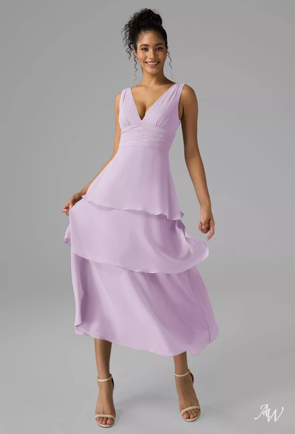 lilac tea length bridesmaid dresses AW.Bridal A-line V-Neck Tea Length Tiered Wedding Guest Dresses Dress Lilac Size 18