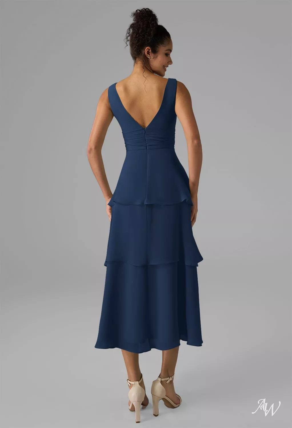 AW.Bridal A-line V-Neck Tea Length Tiered Short Bridesmaid Dresses Dress Navy Size 8