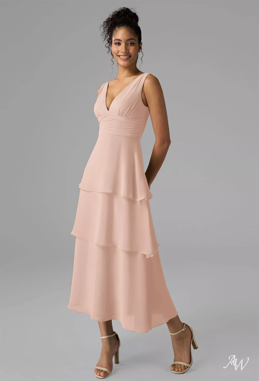 pink gray bridesmaid dresses AW.Bridal A-line Tea Length V Neck Cascading Ruffles Tiered Pearl size 8 This classy bridesmaid dress white blue wedding dress Sydney's Closet Prom SC7341 Size:17/34