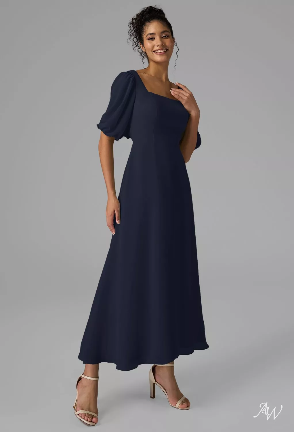 AW.Bridal A-line Square Neckline Ankle Length Chiffon Wedding Guest Dresses Dress Dark Navy Size 8