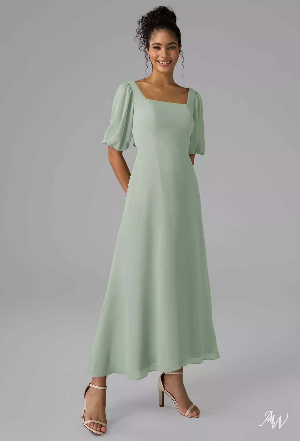 AW.Bridal A-line Square Neckline Ankle Length Chiffon Short Bridesmaid Dresses Dress Sage Green Size 8