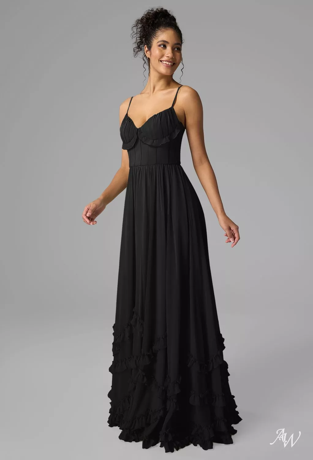 AW.Bridal A-line V-Neck Floor Length Sleeveless Spaghetti Straps Chiffon Corset Ruching Ruffles Long Bridesmaid Dresses Black Size 6
