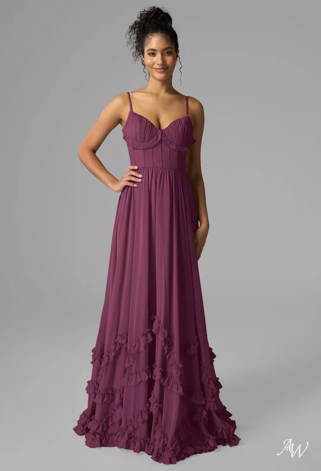 AW.Bridal A-line V-Neck Floor Length Sleeveless Spaghetti Straps Chiffon Corset Ruching Ruffles Long Bridesmaid Dresses Green Olive Size 16