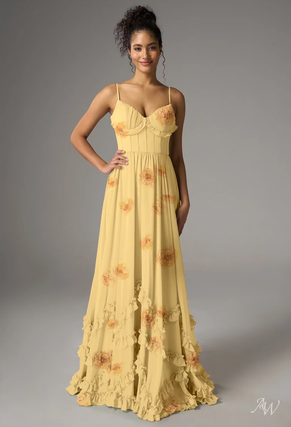 AW.Bridal A-line V-Neck Floor Length Sleeveless Spaghetti Straps Corset Ruching Ruffles Floral Wedding Guest Dresses Floral Dress Golden Peony Size 4