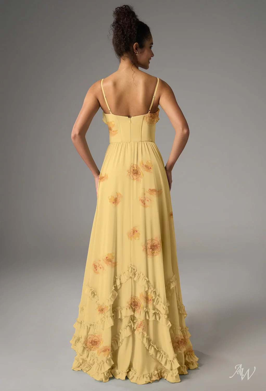 AW.Bridal A-line V-Neck Floor Length Sleeveless Spaghetti Straps Corset Ruching Ruffles Floral Wedding Guest Dresses Floral Dress Golden Peony Size 4