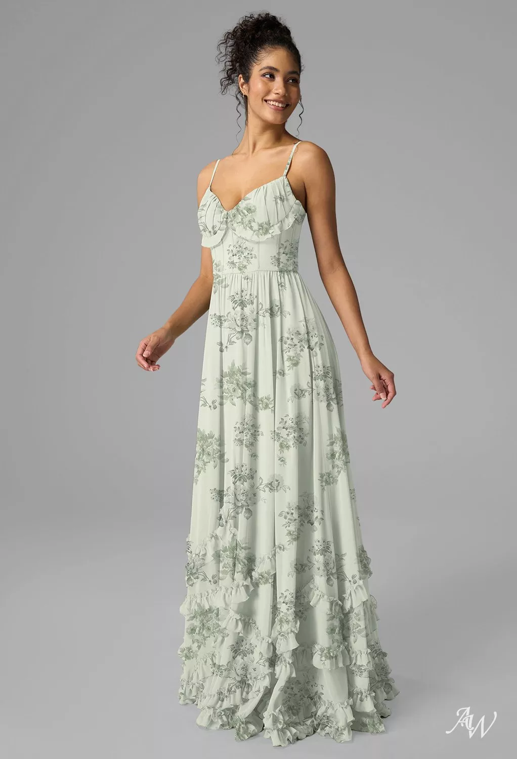 AW.Bridal A-line V-Neck Sleeveless Spaghetti Straps Chiffon Corset Ruching Ruffles Floral Wedding Guest Dresses Pistachio Green Penoy Size 16