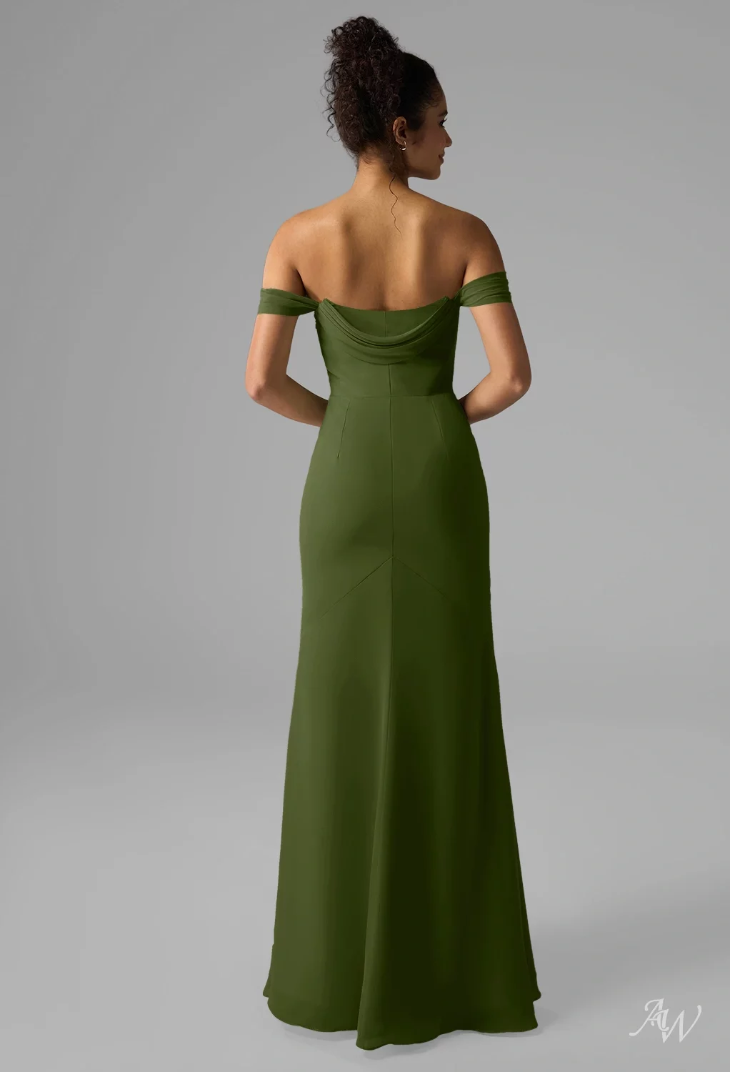 AW.Bridal Mermaid Straight Neckline Floor Length Off the Shoulder Chiffon Split Long Bridesmaid Dresses Green Olive Size 8
