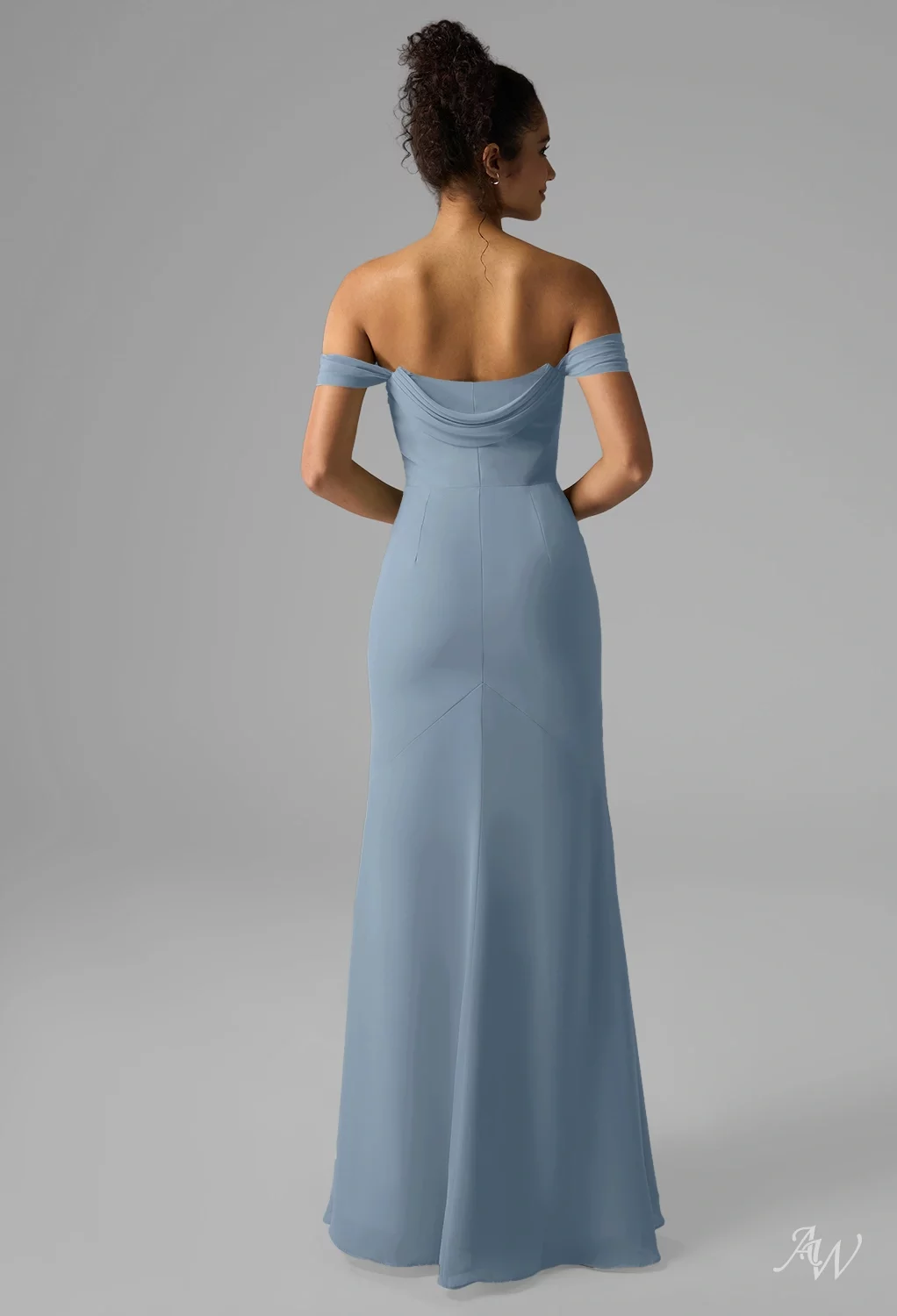 AW.Bridal Mermaid Straight Neckline Floor Length Off the Shoulder Chiffon Split Long Bridesmaid Dresses Light Dusty Blue Size 8