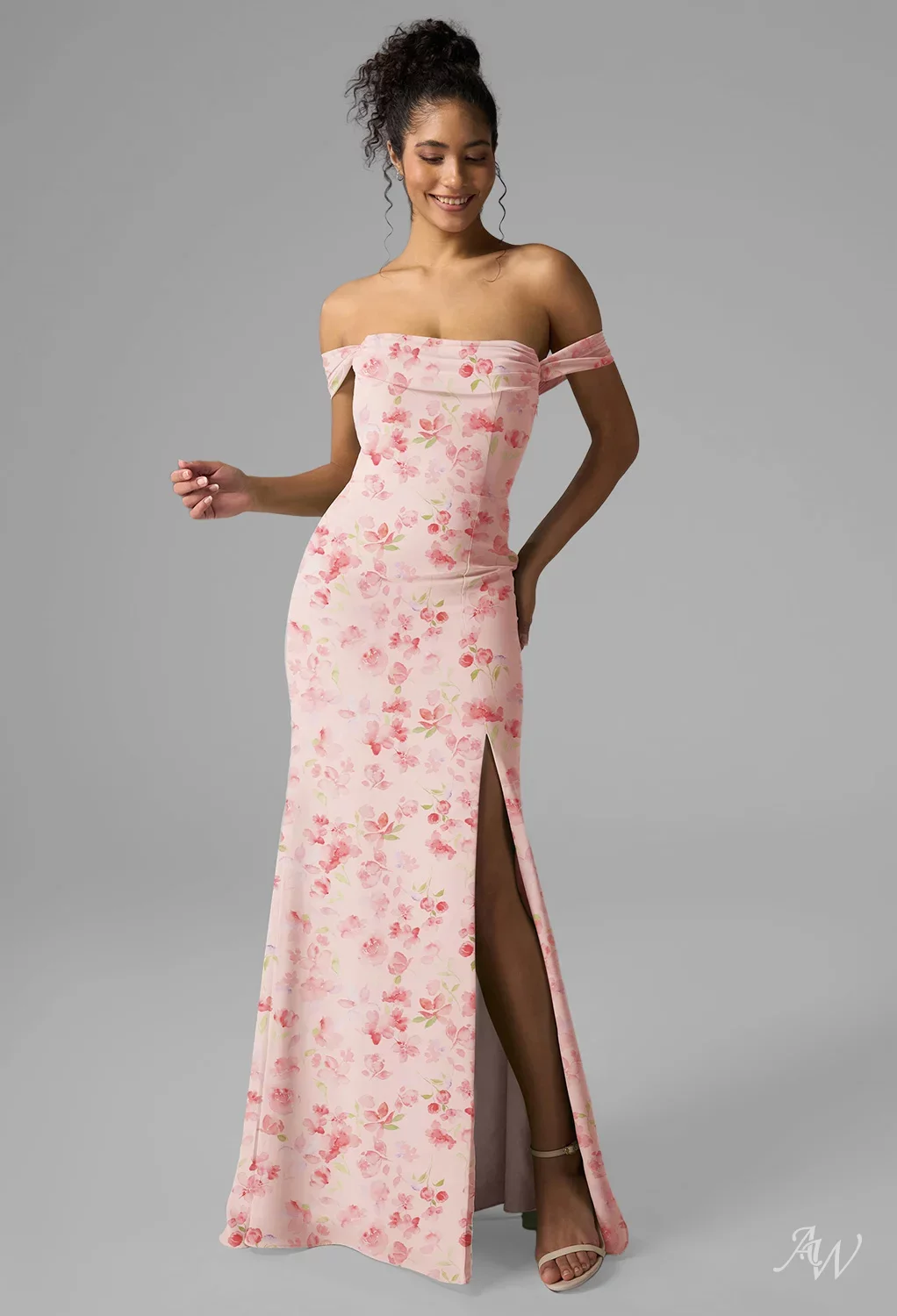 AW.Bridal Mermaid Straight Neckline Floor Length Off the Shoulder Split Floral Bridesmaid Dresses Floral Dress Peach Blossom Breeze Size 18
