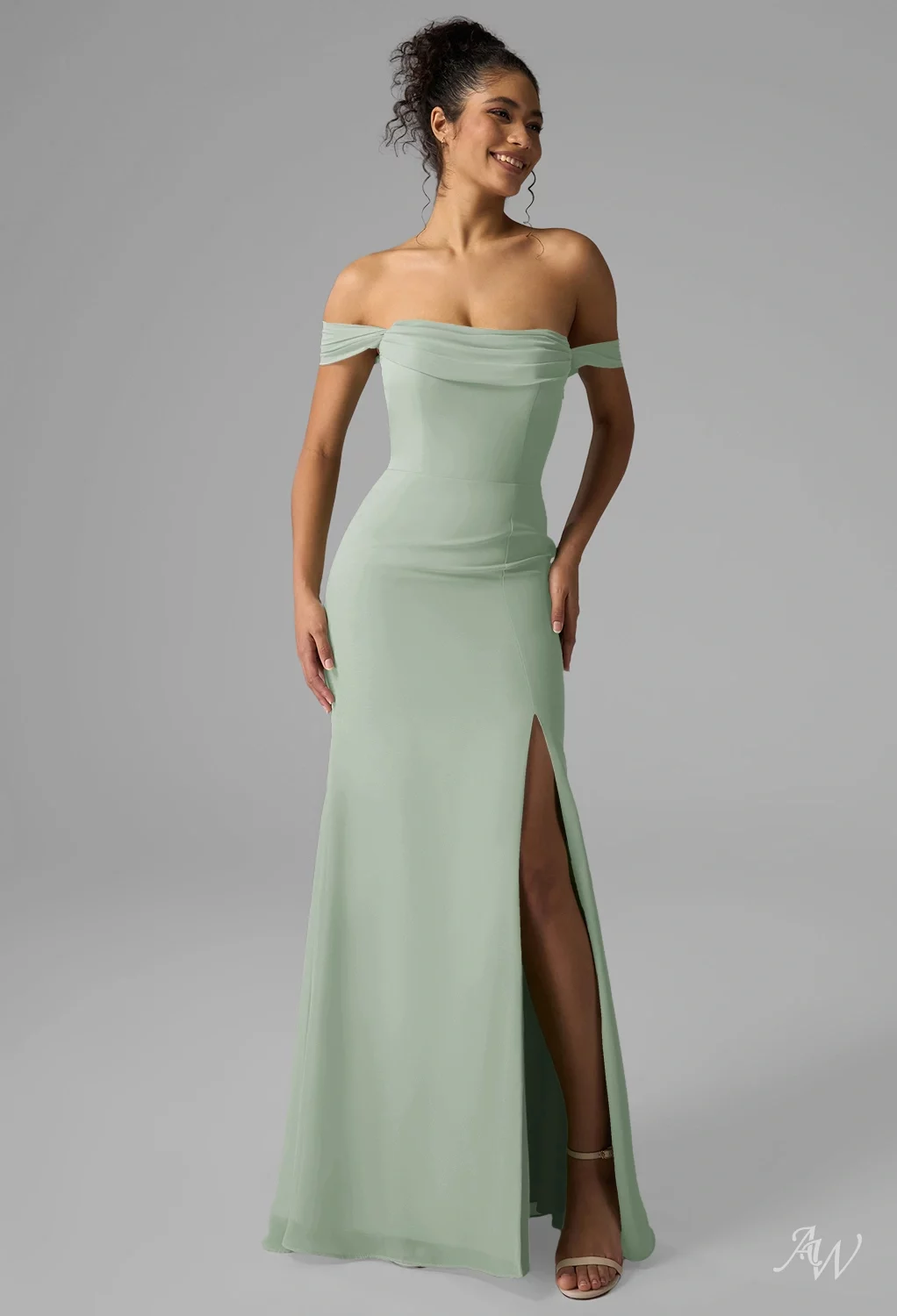 bridesmaid dresses cheshire AW.Bridal Mermaid Straight Neckline Floor Length Off the Shoulder Split Long Dress Sage Green Size 4 Size:X Large flattering empire waistline and roaring twenties fashion Plank+Beam Solid Wood Classic