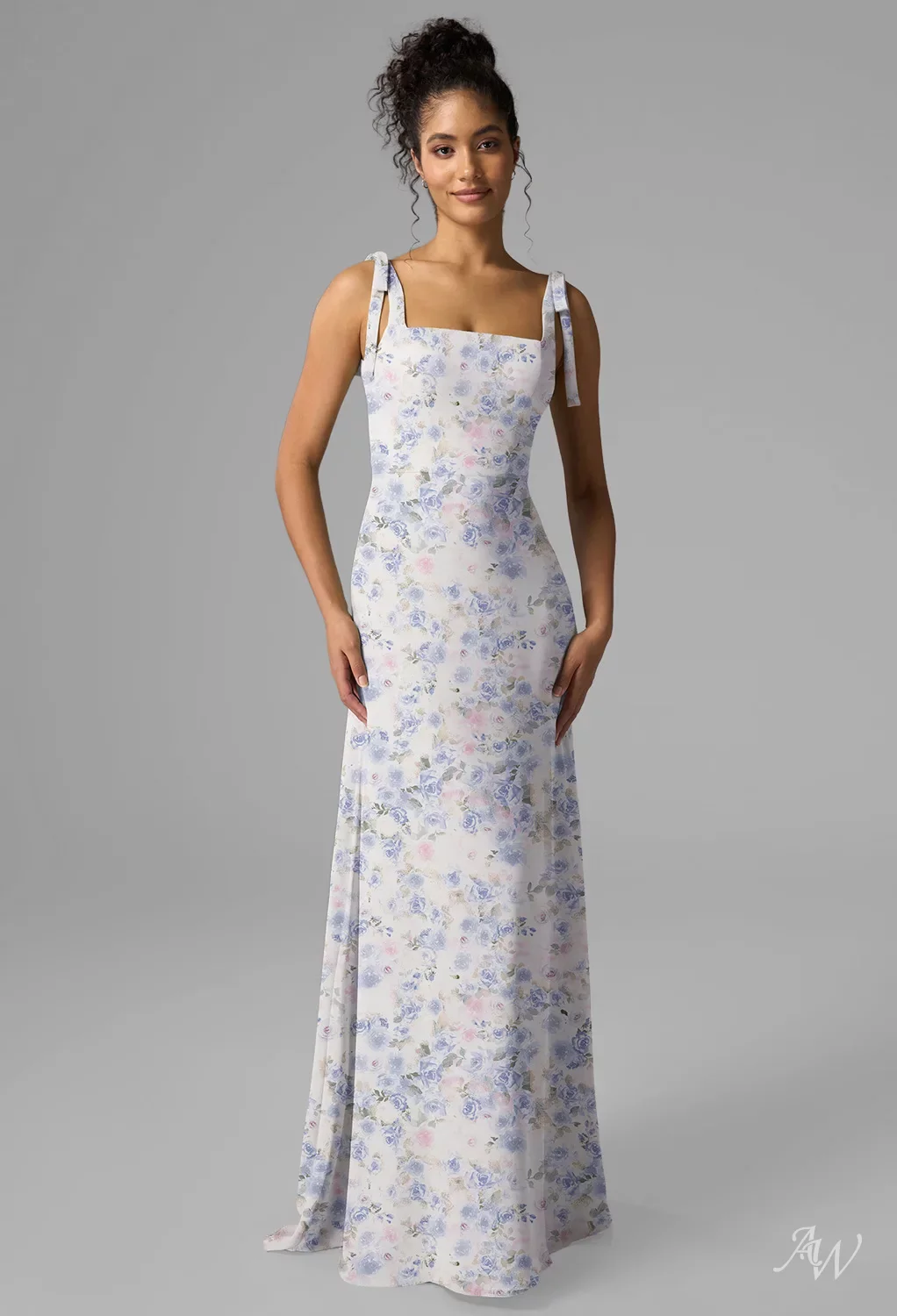 purple patterned bridesmaid dresses AW.Bridal A-line Square Neckline Floor Length Bows Split Floral Bridesmaid Dresses Floral Dress Azure Purple Print Size 4