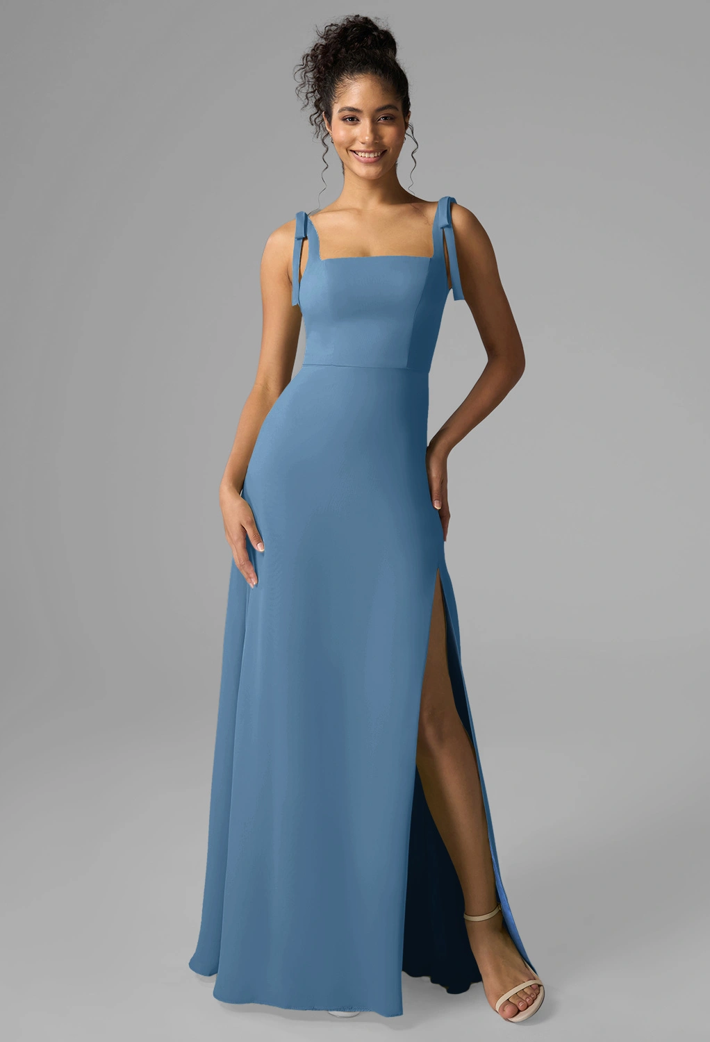dusty blue guest wedding dress Zapaka Women Dusty Blue Lace A-Line Mother of the Bride Dress Half Sleeves Tea Length Wedding Guest Bride Dress, Grey Blue / US6 main image 0
